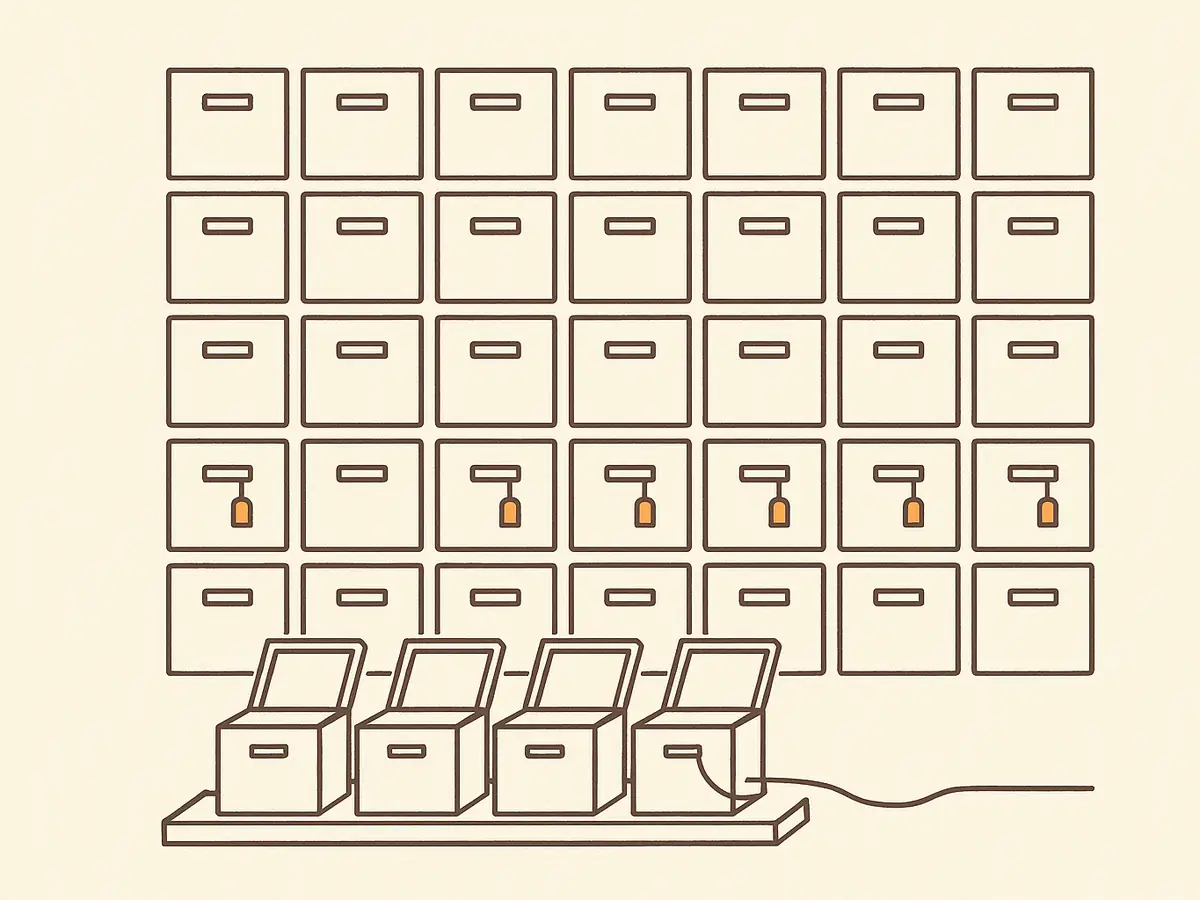 A grid of identical small server crates seen straight on. Roughly a third carry a small tag hanging from one corner. Six crates sit open on a low bench in front of the wall, with a single cable running out of them toward the right.