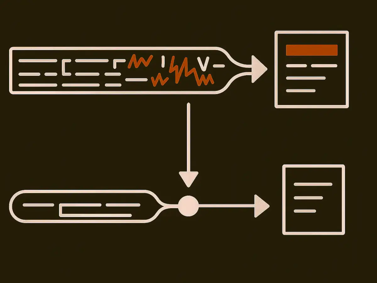 Two stacked paths. Above, a long strip covered in small marks feeds a thick arrow into a densely written card. Below, the same strip funnels into one small dot, and a thin arrow leads to a much sparser card.