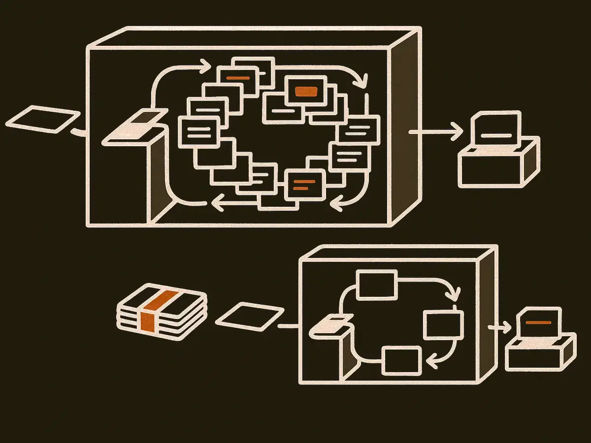 A cutaway diagram: one card enters a machine at the left and a crowd of copies circulates inside along looping arrows before a single card exits at the right. A smaller diagram below shows three cards bundled together before entering, with far fewer copies circulating.