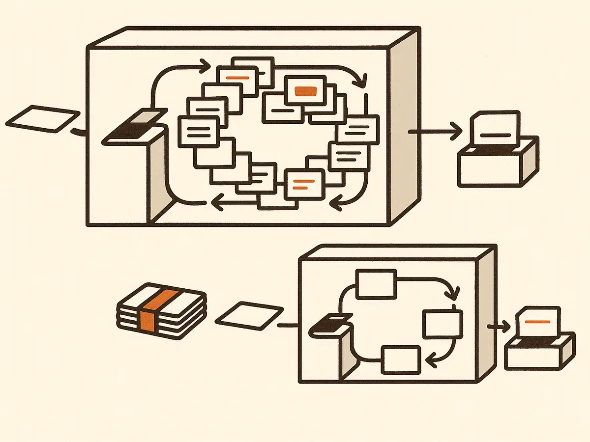 A cutaway diagram: one card enters a machine at the left and a crowd of copies circulates inside along looping arrows before a single card exits at the right. A smaller diagram below shows three cards bundled together before entering, with far fewer copies circulating.