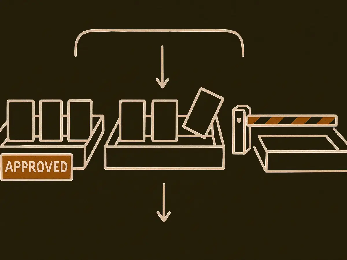 Two trays of small cards side by side, one holding three cards and one holding four with the extra card tilted. A bracket spans both columns and an arrow points at the tilted card. A lowered gate arm blocks the path to a third, empty tray.
