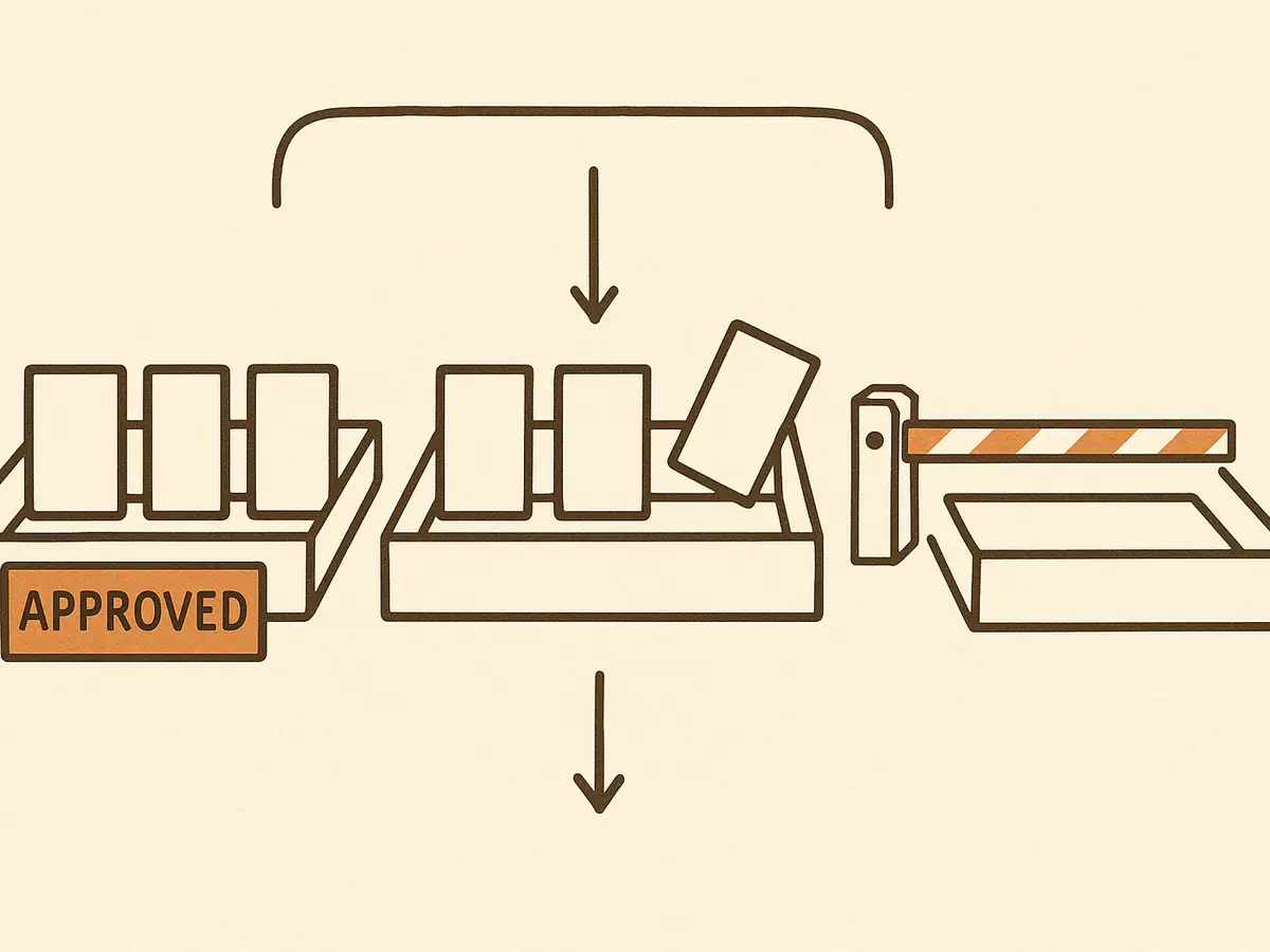 Two trays of small cards side by side, one holding three cards and one holding four with the extra card tilted. A bracket spans both columns and an arrow points at the tilted card. A lowered gate arm blocks the path to a third, empty tray.