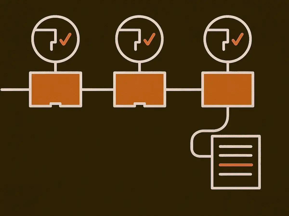 Three plain modules in a row, each with one tiny notch and a small magnifier above it showing that notch with a tick. A single line threads through all three modules and ends at an upright page with one line struck through.