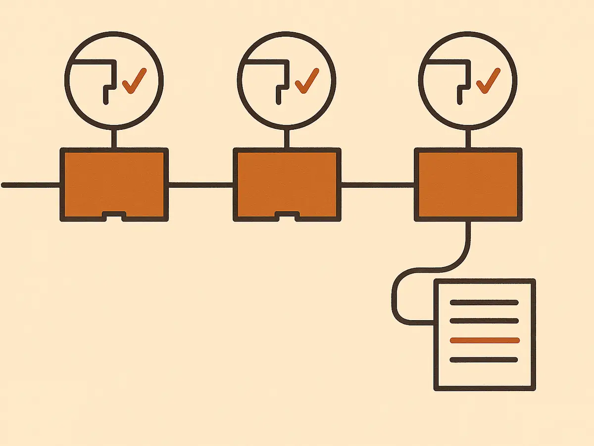 Three plain modules in a row, each with one tiny notch and a small magnifier above it showing that notch with a tick. A single line threads through all three modules and ends at an upright page with one line struck through.