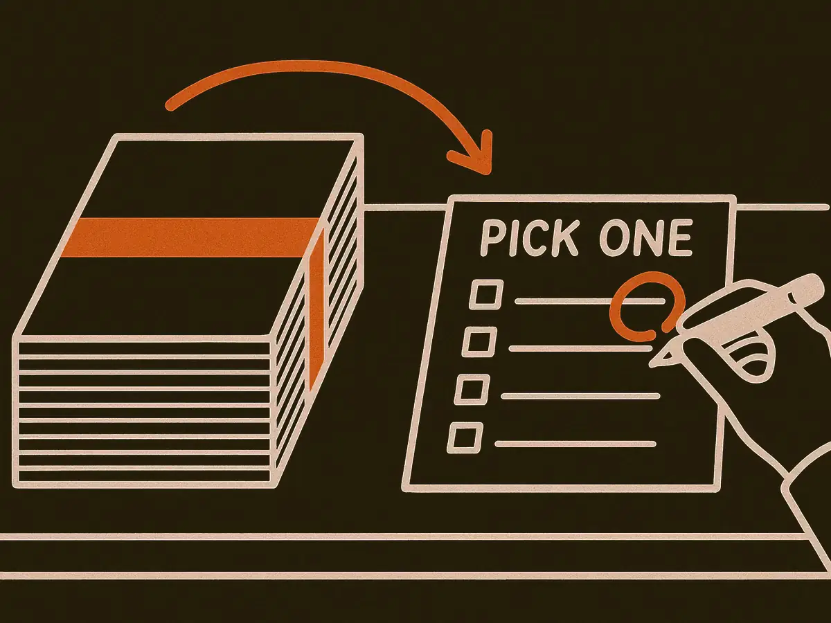 A desk from above. On the left, a thick stack of transcript pages still bound with an uncut paper band. On the right, a menu card of four ruled lines with checkboxes, one being circled by a hand with a pen. A curved arrow arcs over the stack to the card.