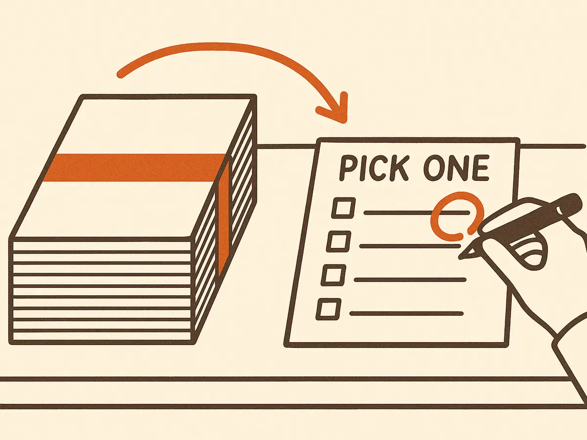 A desk from above. On the left, a thick stack of transcript pages still bound with an uncut paper band. On the right, a menu card of four ruled lines with checkboxes, one being circled by a hand with a pen. A curved arrow arcs over the stack to the card.
