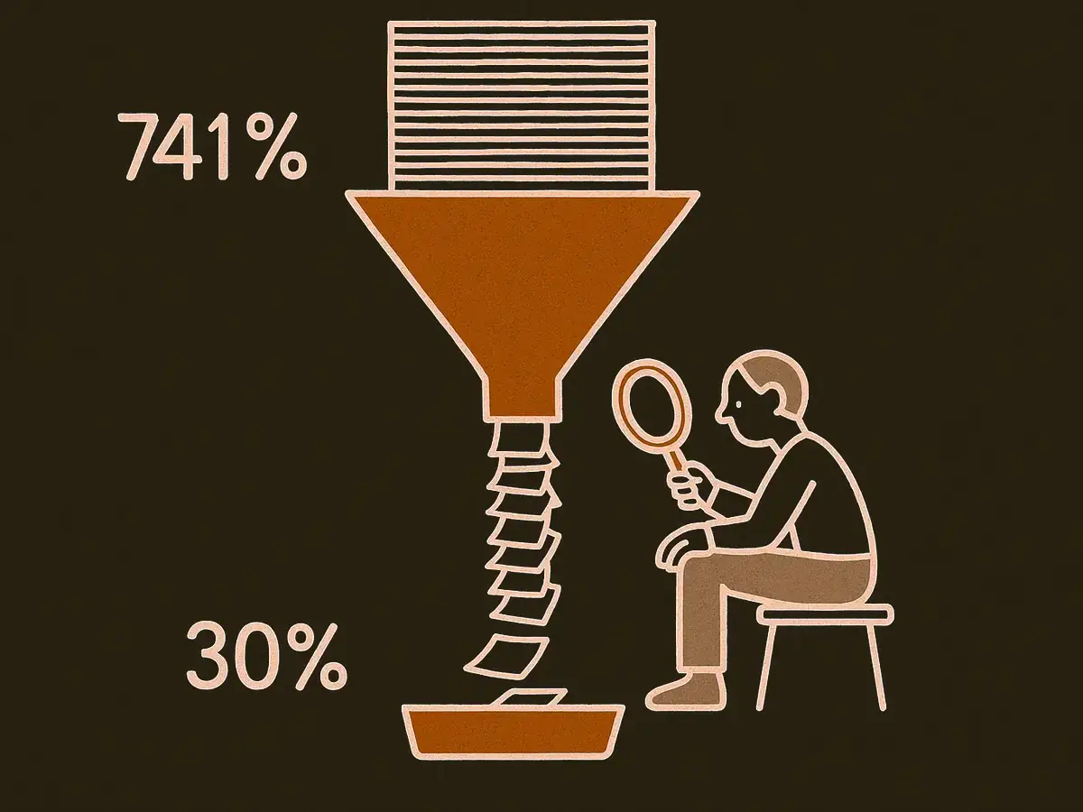 A wide chute pours a thick column of paper sheets into a funnel. A seated figure at the funnel's narrow waist holds a magnifying glass over one sheet. A thin trickle of sheets falls out below into a small tray.