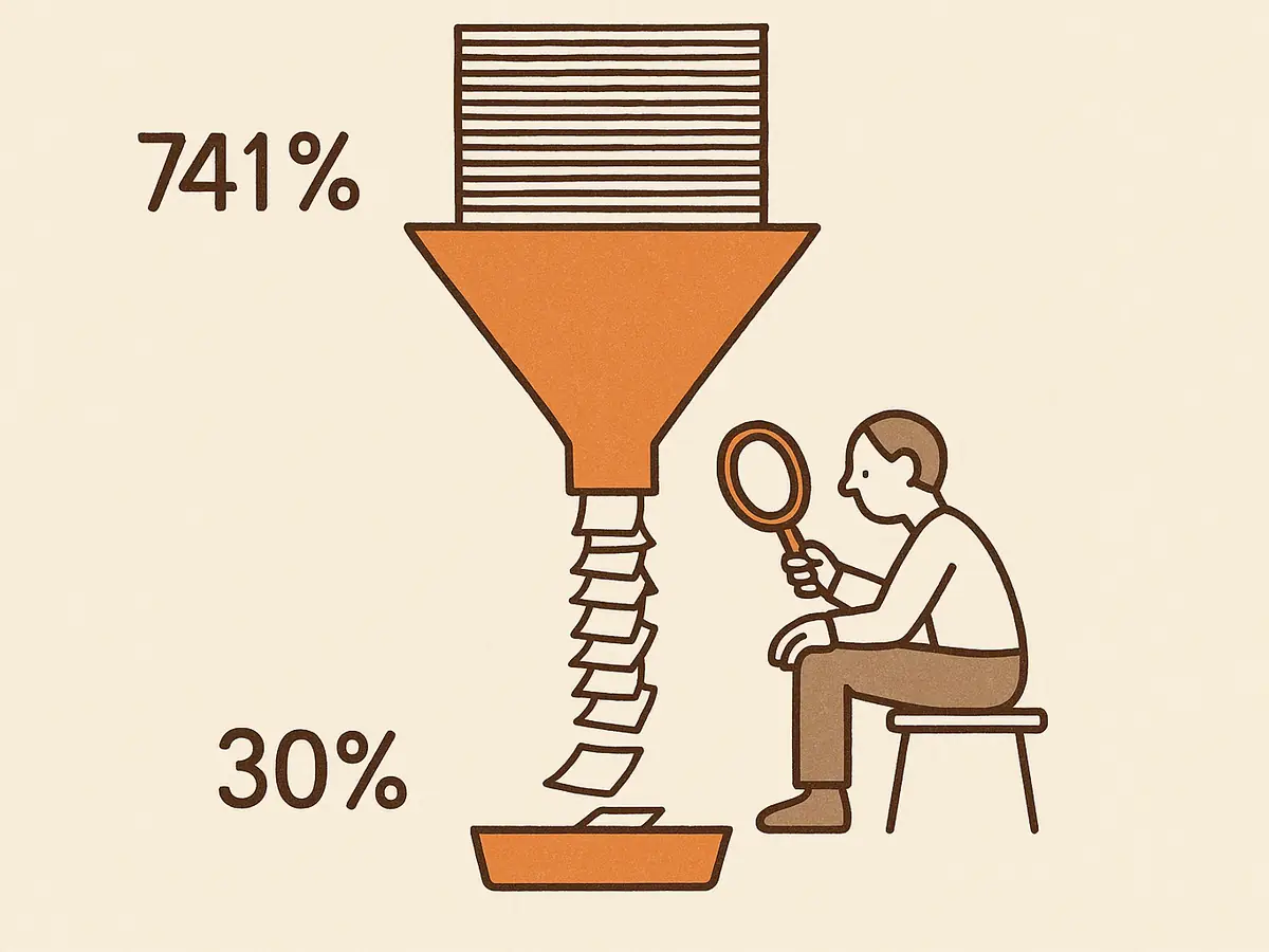 A wide chute pours a thick column of paper sheets into a funnel. A seated figure at the funnel's narrow waist holds a magnifying glass over one sheet. A thin trickle of sheets falls out below into a small tray.