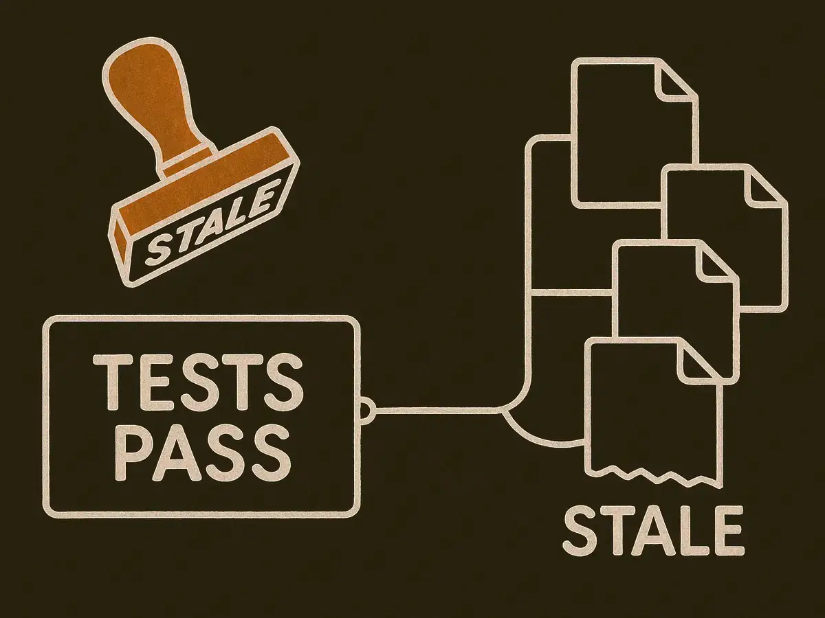 A card at the left is tied by cords to a cluster of six linked file shapes at the right. One file has a torn edge and the cord to it hangs slack. A rubber stamp hovers above the card.