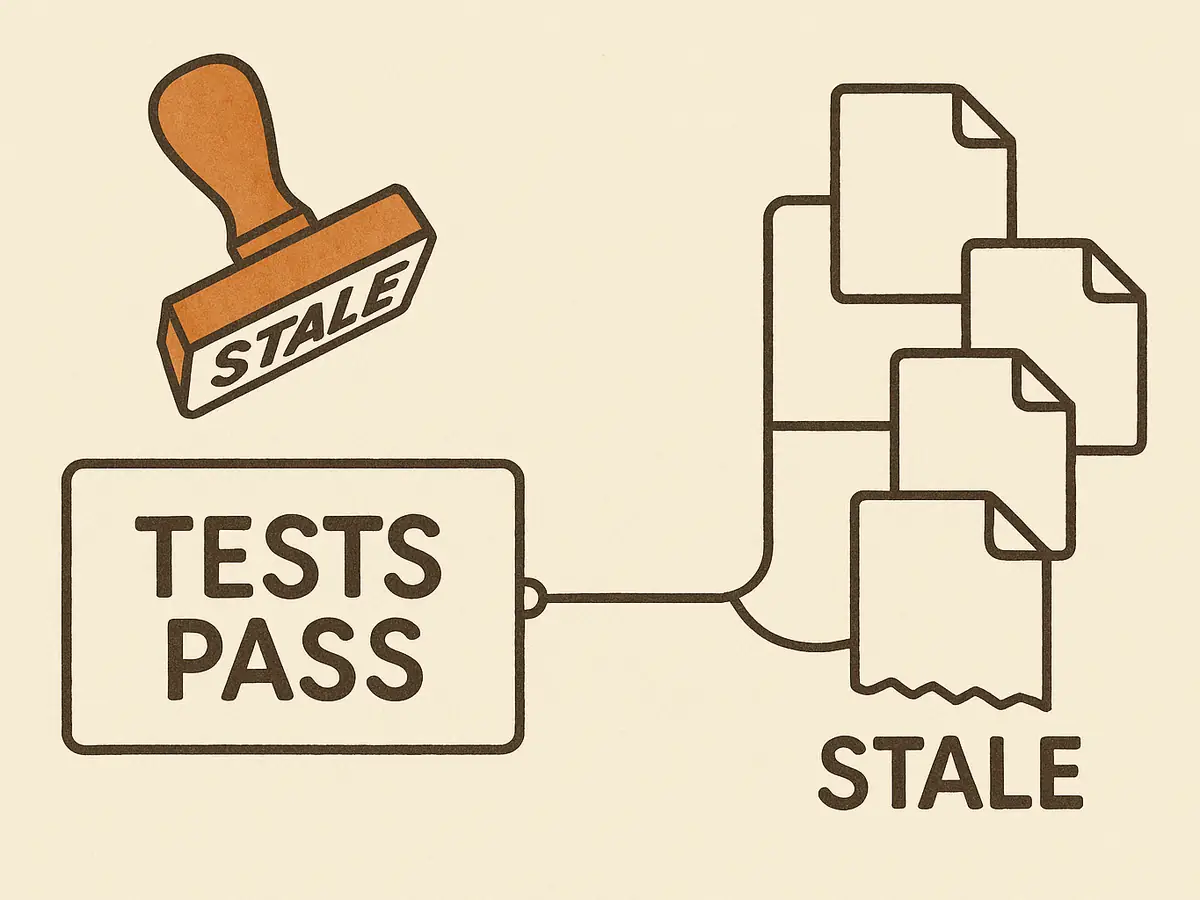 A card at the left is tied by cords to a cluster of six linked file shapes at the right. One file has a torn edge and the cord to it hangs slack. A rubber stamp hovers above the card.
