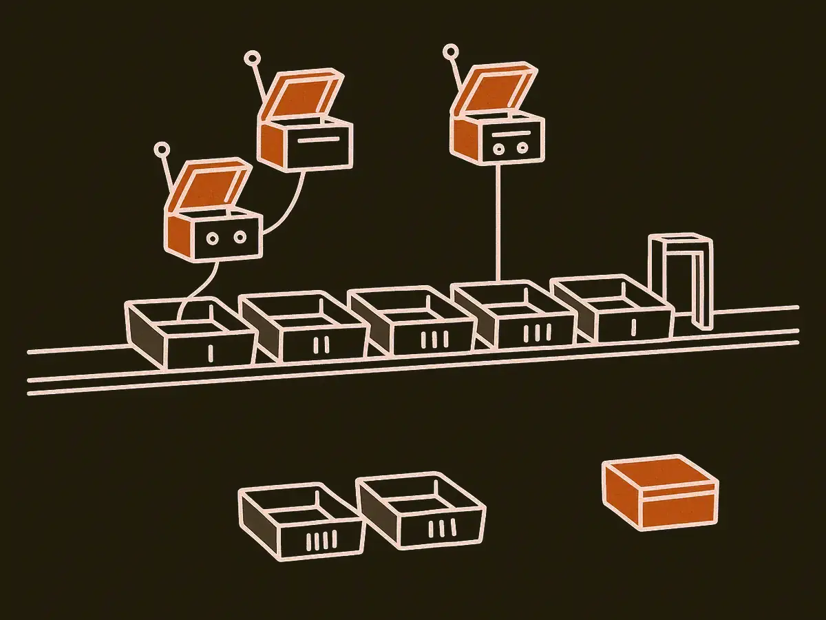 Five notched trays sit in a row on a horizontal rail. Three duplicates of them float above the rail in small open boxes, each tied back to its place in the row. A narrow gate at the right lets results back onto the rail one at a time, and one duplicate box sits aside, unopened.