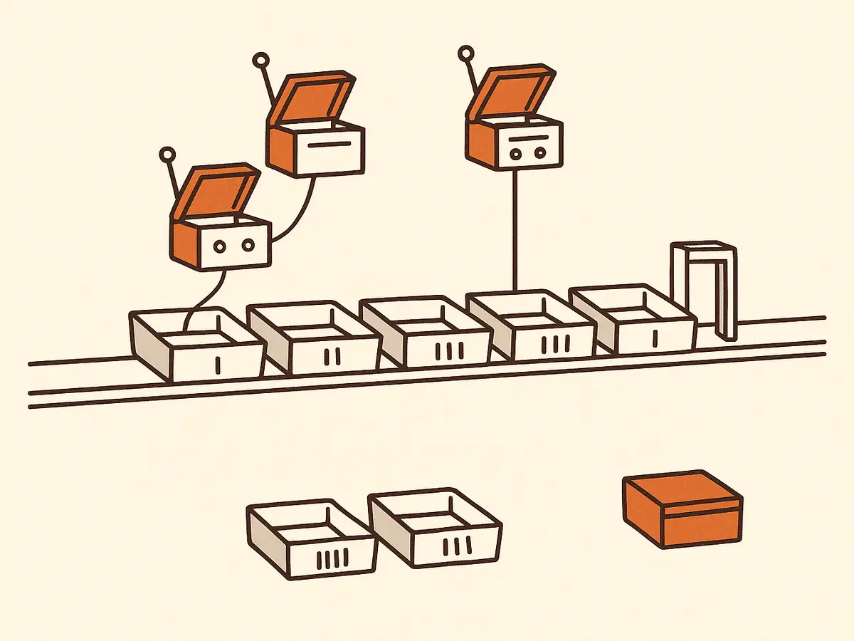 Five notched trays sit in a row on a horizontal rail. Three duplicates of them float above the rail in small open boxes, each tied back to its place in the row. A narrow gate at the right lets results back onto the rail one at a time, and one duplicate box sits aside, unopened.