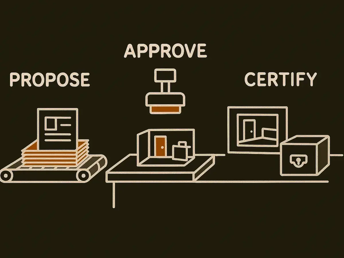A conveyor of small cards runs toward a gate held shut by a separate stamping mechanism. Past the gate, a workbench holds a scale model being rebuilt from collected objects, and a latched box at the end of the line stays closed until the model matches a reference card.