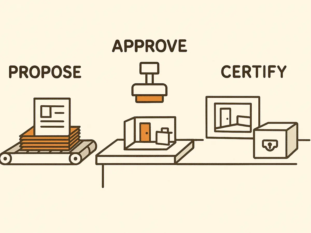 A conveyor of small cards runs toward a gate held shut by a separate stamping mechanism. Past the gate, a workbench holds a scale model being rebuilt from collected objects, and a latched box at the end of the line stays closed until the model matches a reference card.