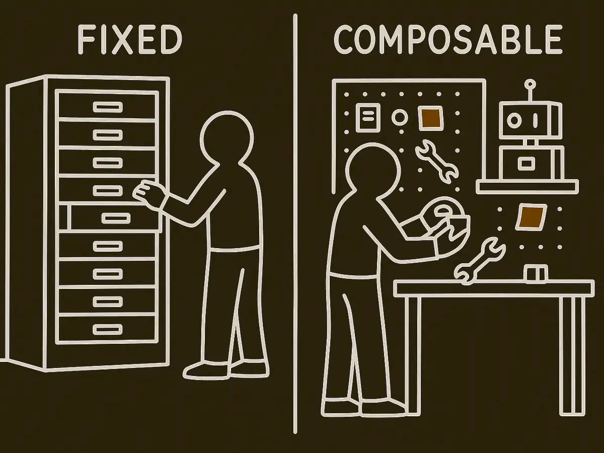 A split picture. On the left a figure reaches into one drawer of a tall rack of bolted-in tool drawers. On the right the same figure joins two simple parts into a new tool at a workbench and puts it on a shelf.