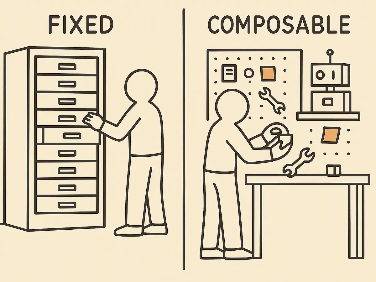 A split picture. On the left a figure reaches into one drawer of a tall rack of bolted-in tool drawers. On the right the same figure joins two simple parts into a new tool at a workbench and puts it on a shelf.