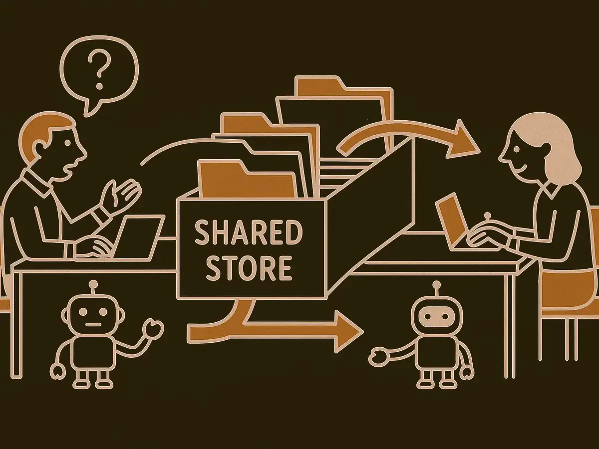 Two people at separate desks query their own assistants. One open filing drawer stands between them, folders sorted by similarity. An arrow from the left desk reaches into the drawer and returns holding a folder that belongs to the right desk.