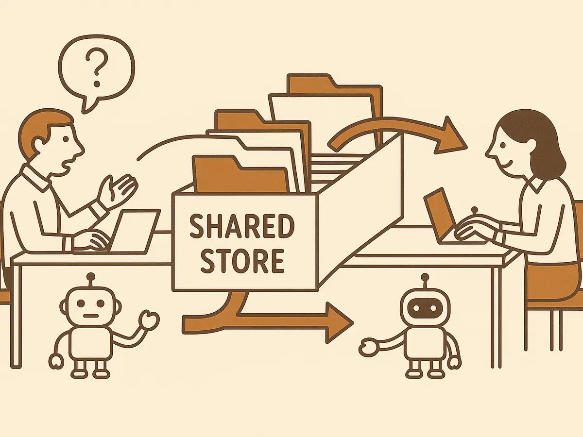 Two people at separate desks query their own assistants. One open filing drawer stands between them, folders sorted by similarity. An arrow from the left desk reaches into the drawer and returns holding a folder that belongs to the right desk.