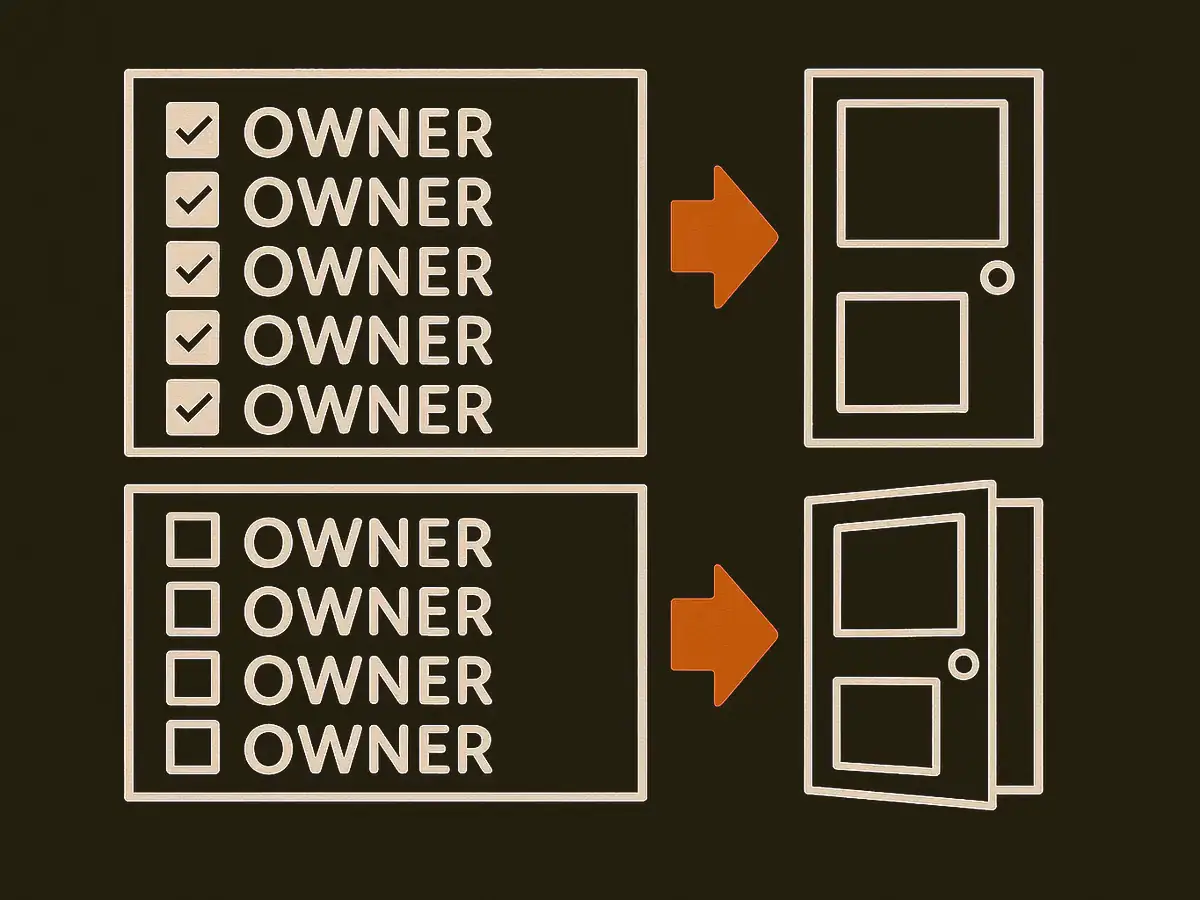 Two printed slips, each with five credential lines. The upper slip has a filled-in owner box at the start of every line and an arrow to a closed door. The lower slip's boxes are empty and its arrow leads to an open door.