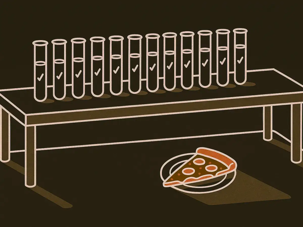 A row of identical passing test tubes on a lab bench, with a lone slice of pizza on the floor beside it casting a shadow over them.