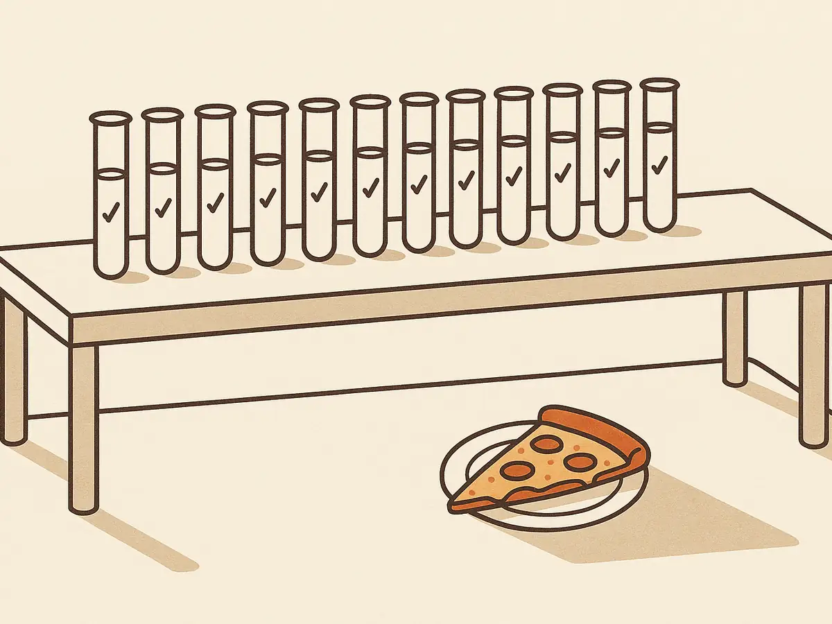 A row of identical passing test tubes on a lab bench, with a lone slice of pizza on the floor beside it casting a shadow over them.