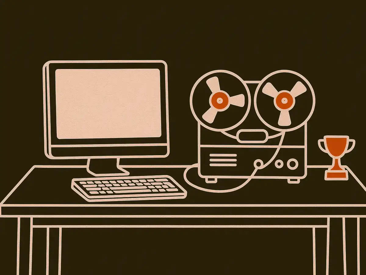 A tape player feeds a cable into the keyboard of a computer whose screen is off, with a small trophy sitting on the same desk.