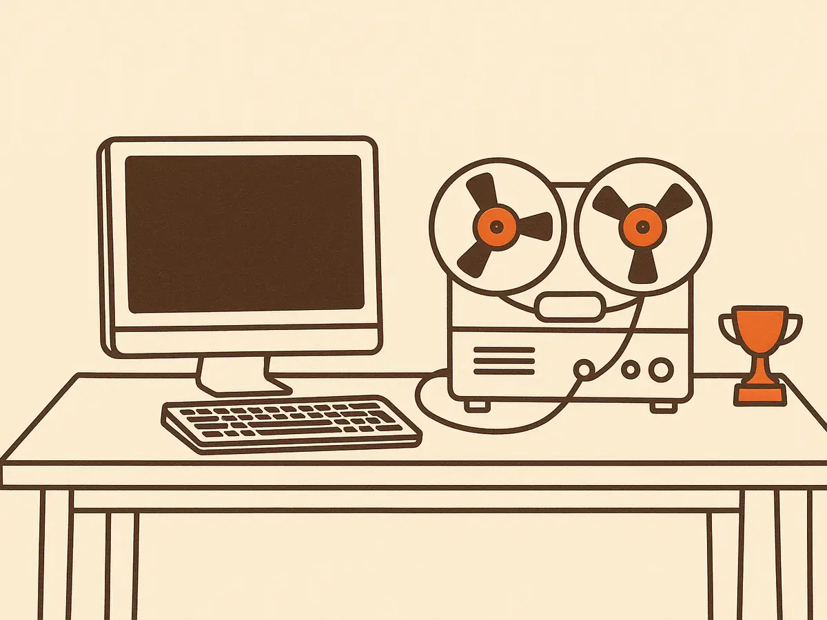 A tape player feeds a cable into the keyboard of a computer whose screen is off, with a small trophy sitting on the same desk.