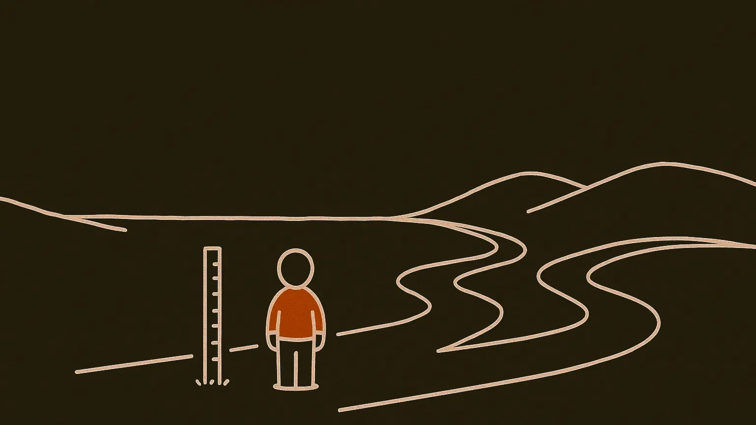 A tall measuring stick stands alone on a rolling plain while a small figure at its base looks away from it toward a tangle of forking paths that run off into the distance.
