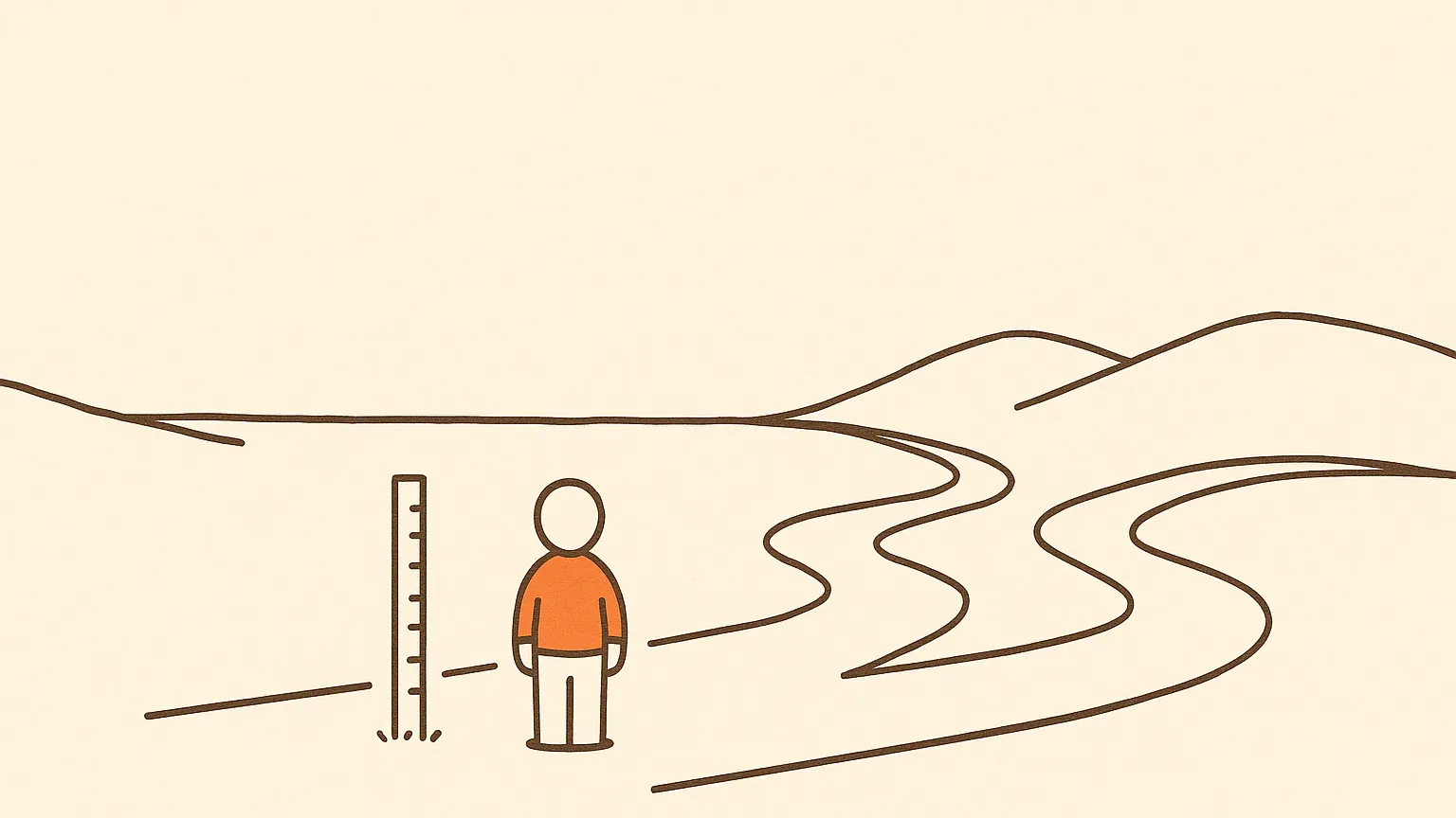A tall measuring stick stands alone on a rolling plain while a small figure at its base looks away from it toward a tangle of forking paths that run off into the distance.