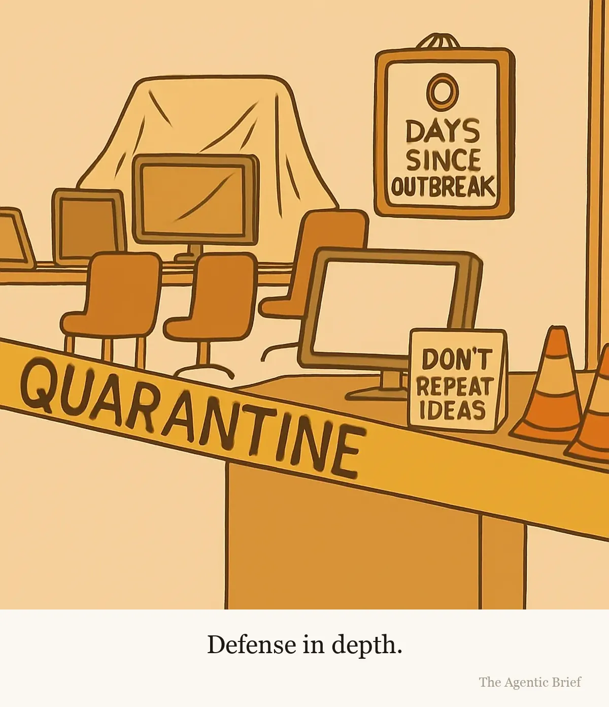 Reviewed quarterly. An office server room sealed off with quarantine tape and plastic sheeting, safety cones by the desk and chairs pushed back as if abandoned. A wall board counts zero days since outbreak, and a small tent card beside one monitor reads don't repeat ideas.