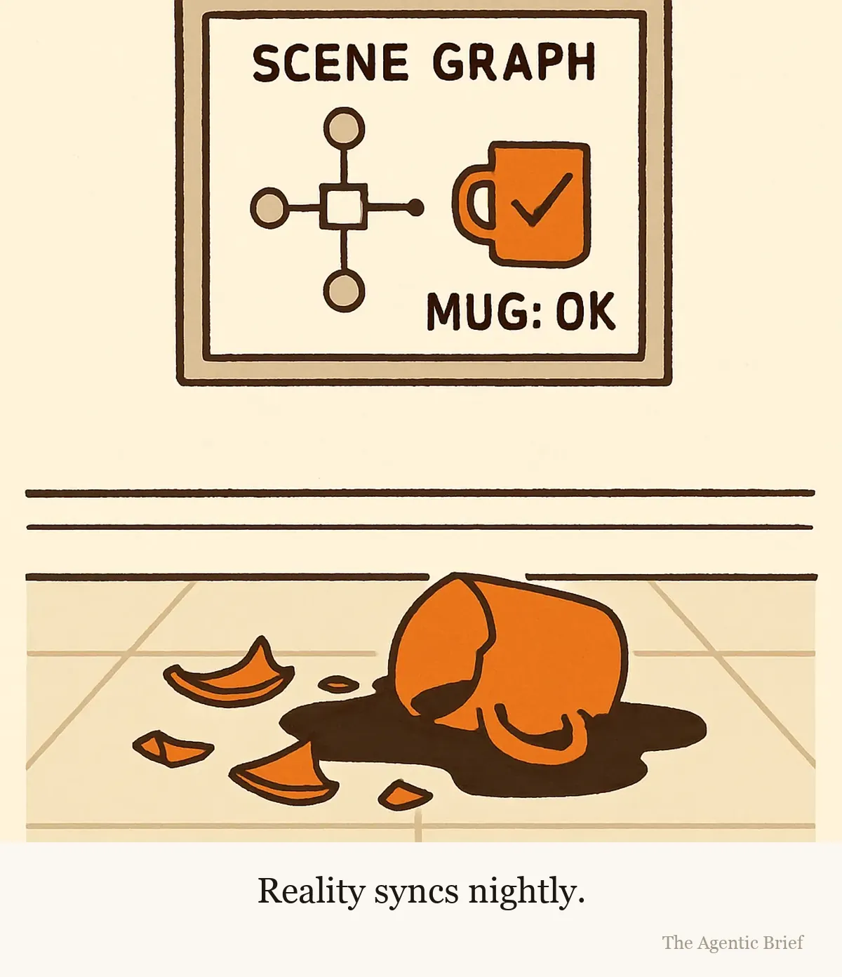 Eventually consistent. A ceramic mug lies shattered on a tiled kitchen floor with coffee pooling around the shards. On the wall above, a tidy monitor shows a node diagram labeled SCENE GRAPH, in which an intact mug icon carries a check mark beside the words MUG: OK.