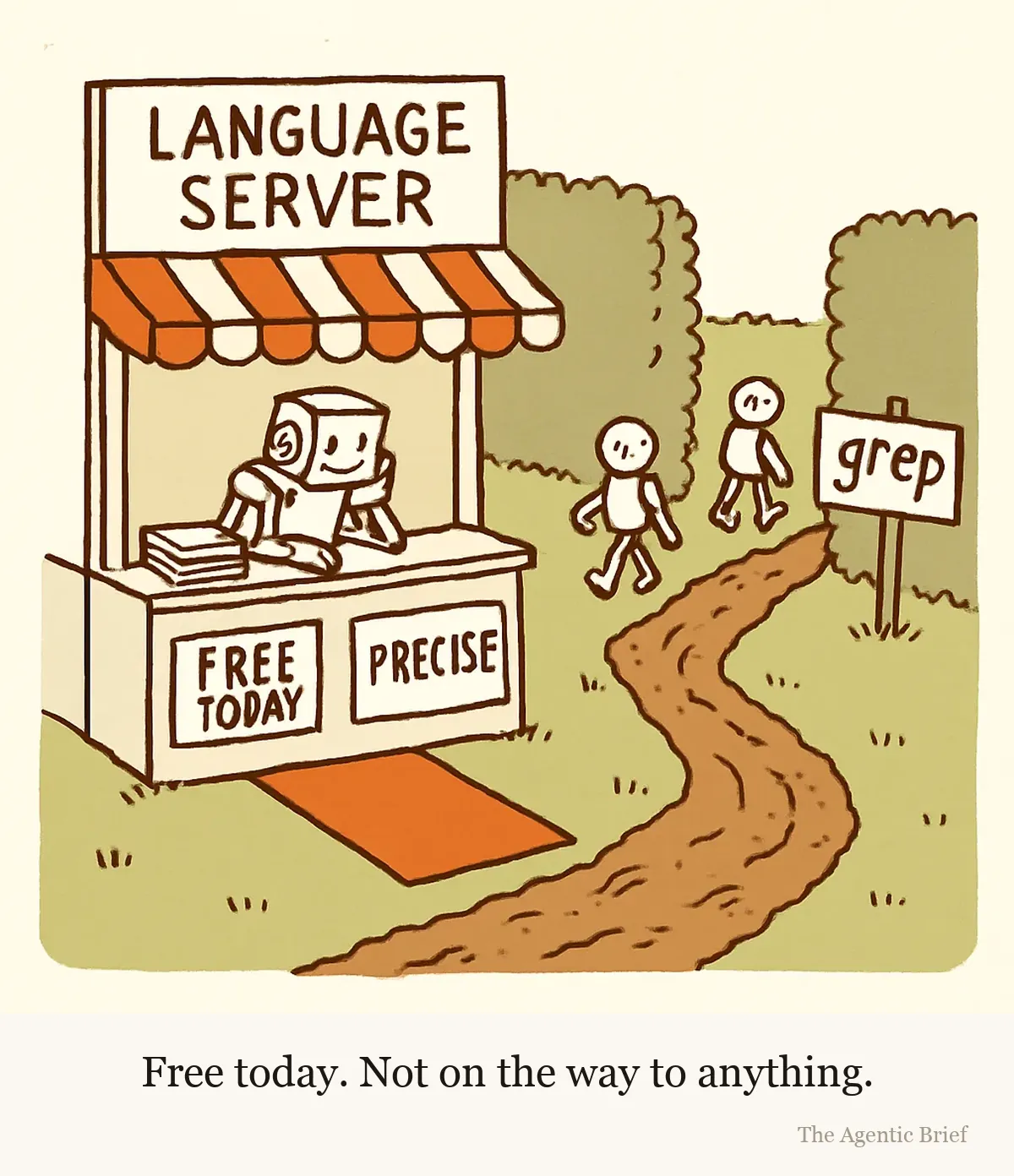 The hedge has a hole. The booth has a carpet. A tidy lawn with a spotless information booth under a striped awning, signed 'LANGUAGE SERVER', 'FREE TODAY' and 'PRECISE', a red carpet rolled out to its counter and a smiling robot attendant leaning on some books. A worn mud path curves past the booth, missing the carpet, and two small figures walk it toward a 'grep' sign by the hedge.