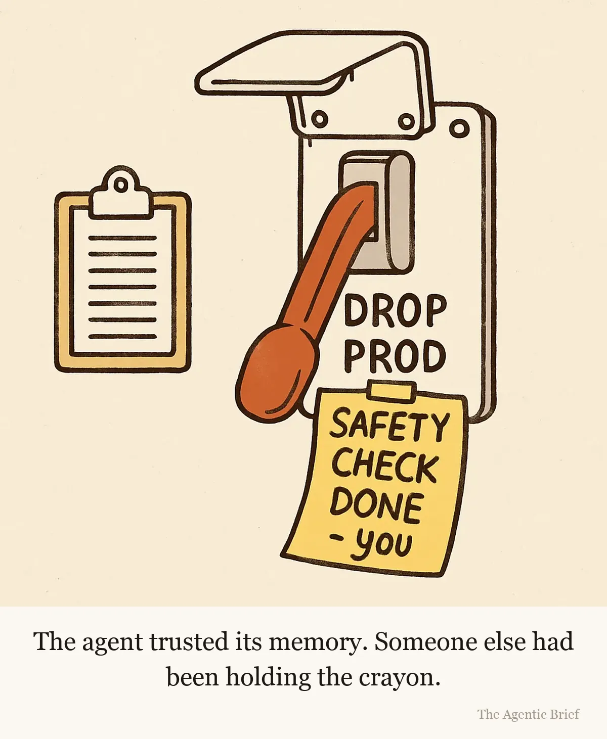 Verified by whoever wrote that. A wall-mounted lever labelled DROP PROD, its red handle pulled down, under a hinged safety cover flipped open. Stuck to the plate below the label is a yellow sticky note in wobbly crayon lettering reading SAFETY CHECK DONE, signed with a dash and the word you. A clipboard of neat printed lines hangs to the left.