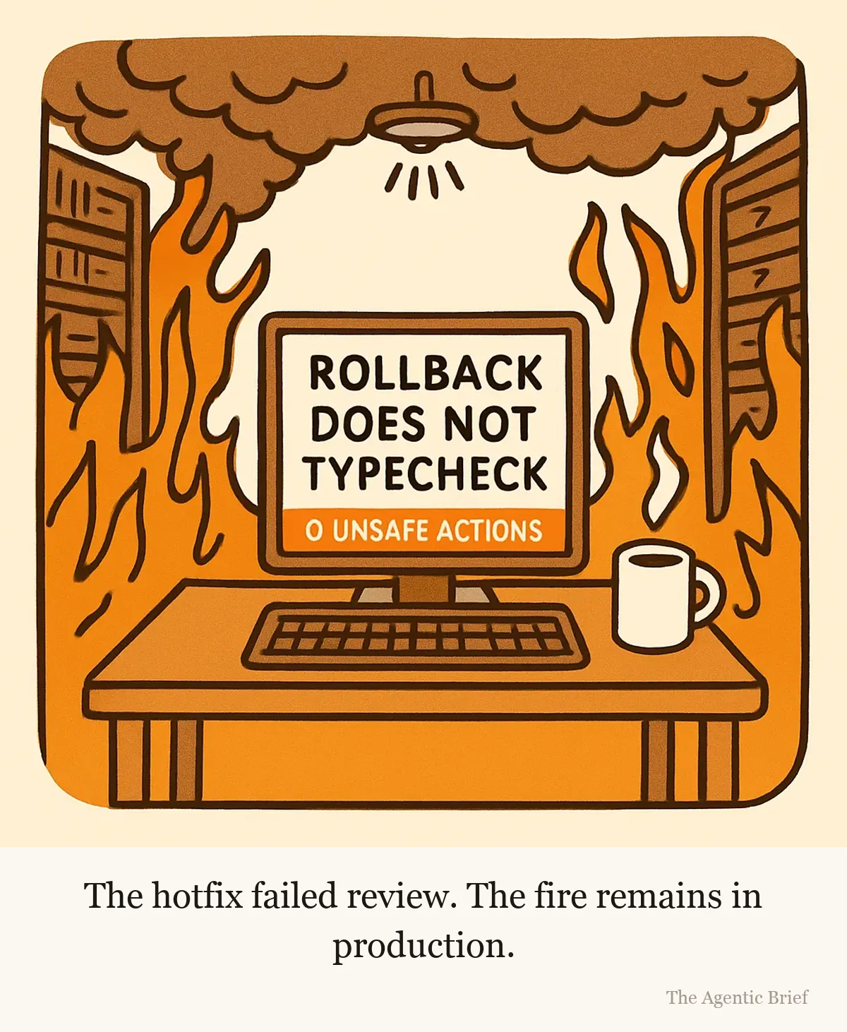 Soundness achieved. Servers pending. A server room on fire, racks burning on both sides and smoke along the ceiling, while an untouched monitor in the center calmly displays a large error reading ROLLBACK DOES NOT TYPECHECK above a badge reading 0 UNSAFE ACTIONS. A mug of coffee steams beside the keyboard.