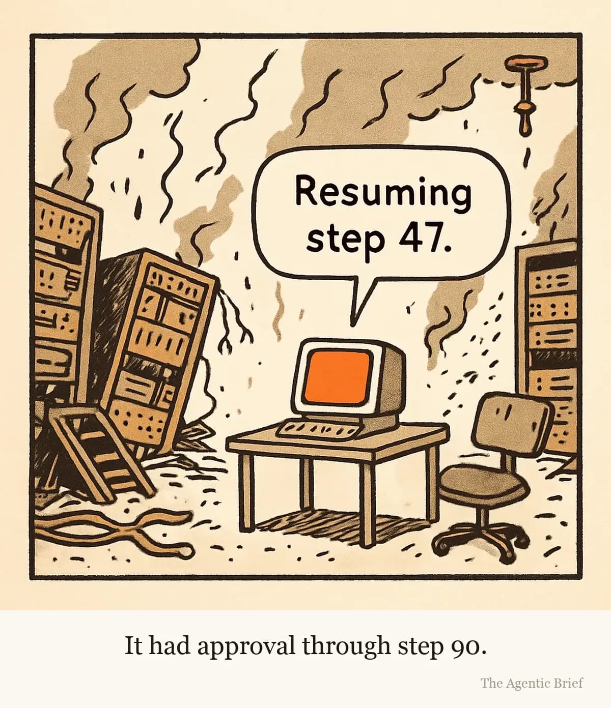 Step 48 remains on schedule. A wrecked, smoking server room with toppled racks, hanging cables, and debris on the floor. In the center, one intact terminal on a desk glows, with a speech balloon reading 'Resuming step 47.' An empty office chair stands beside it.