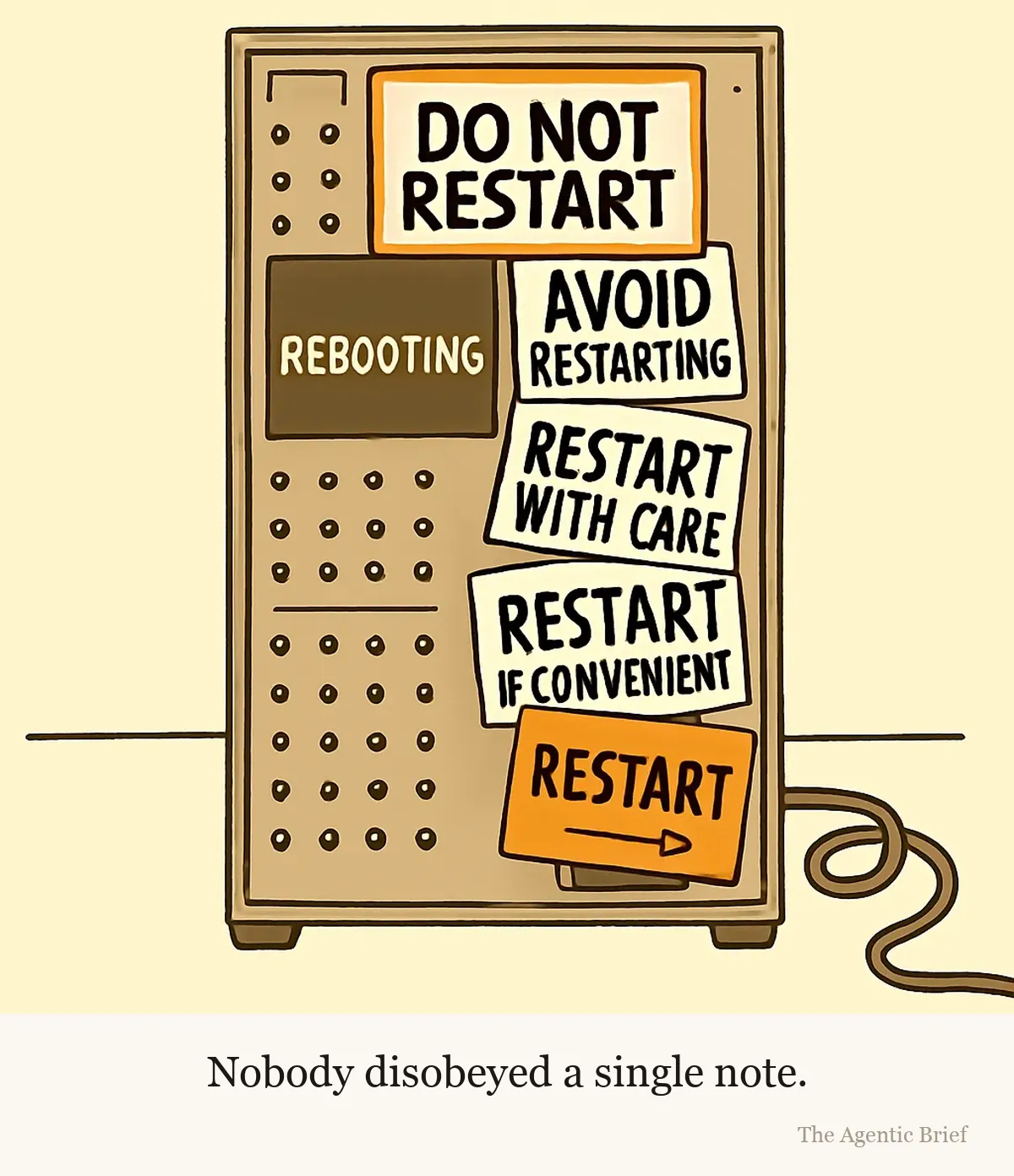 Full compliance at every step. A tall server rack with its status lights off and a small front screen reading rebooting. Near the top a red-bordered label reads do not restart. Four sticky notes in different handwriting run down the rack below it, reading avoid restarting, restart with care, restart if convenient, and restart with an arrow. A coiled cable trails off to the right.