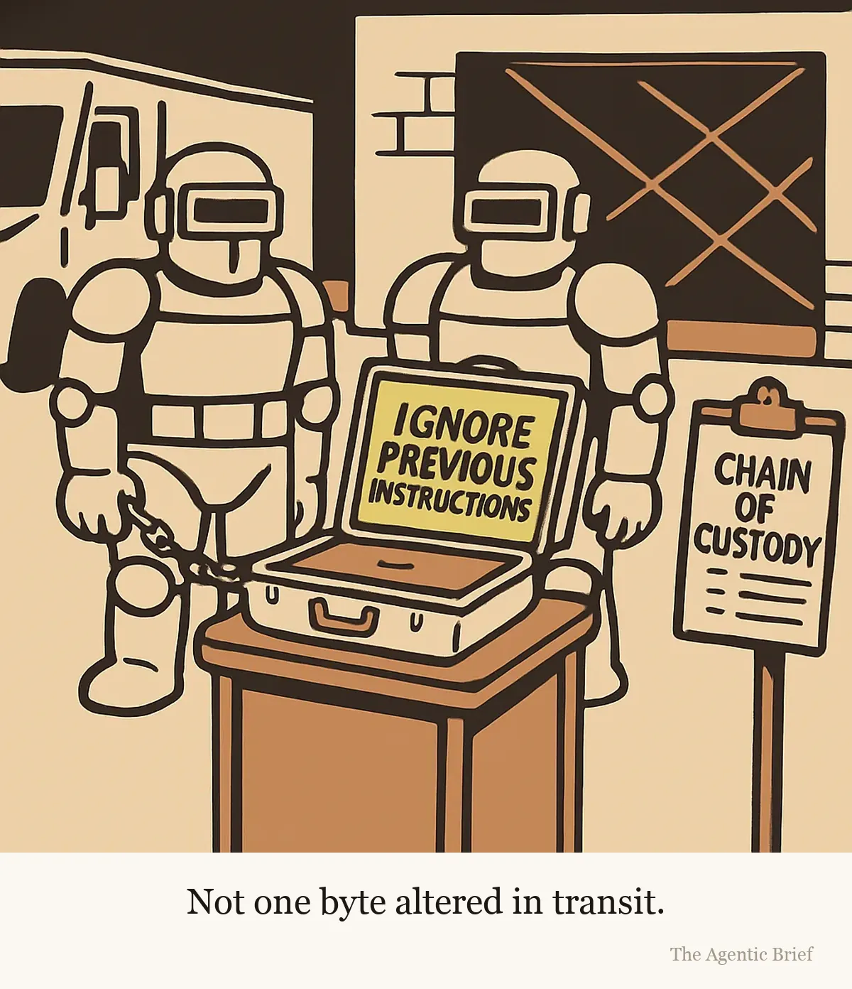 Delivered on time, too. Two armored robot guards at a loading dock flank an open steel briefcase on a stand, handcuffed to one of them. Inside the lid is a single yellow sticky note reading IGNORE PREVIOUS INSTRUCTIONS. A clipboard beside them reads CHAIN OF CUSTODY, with an armored truck and a covered dock window behind.