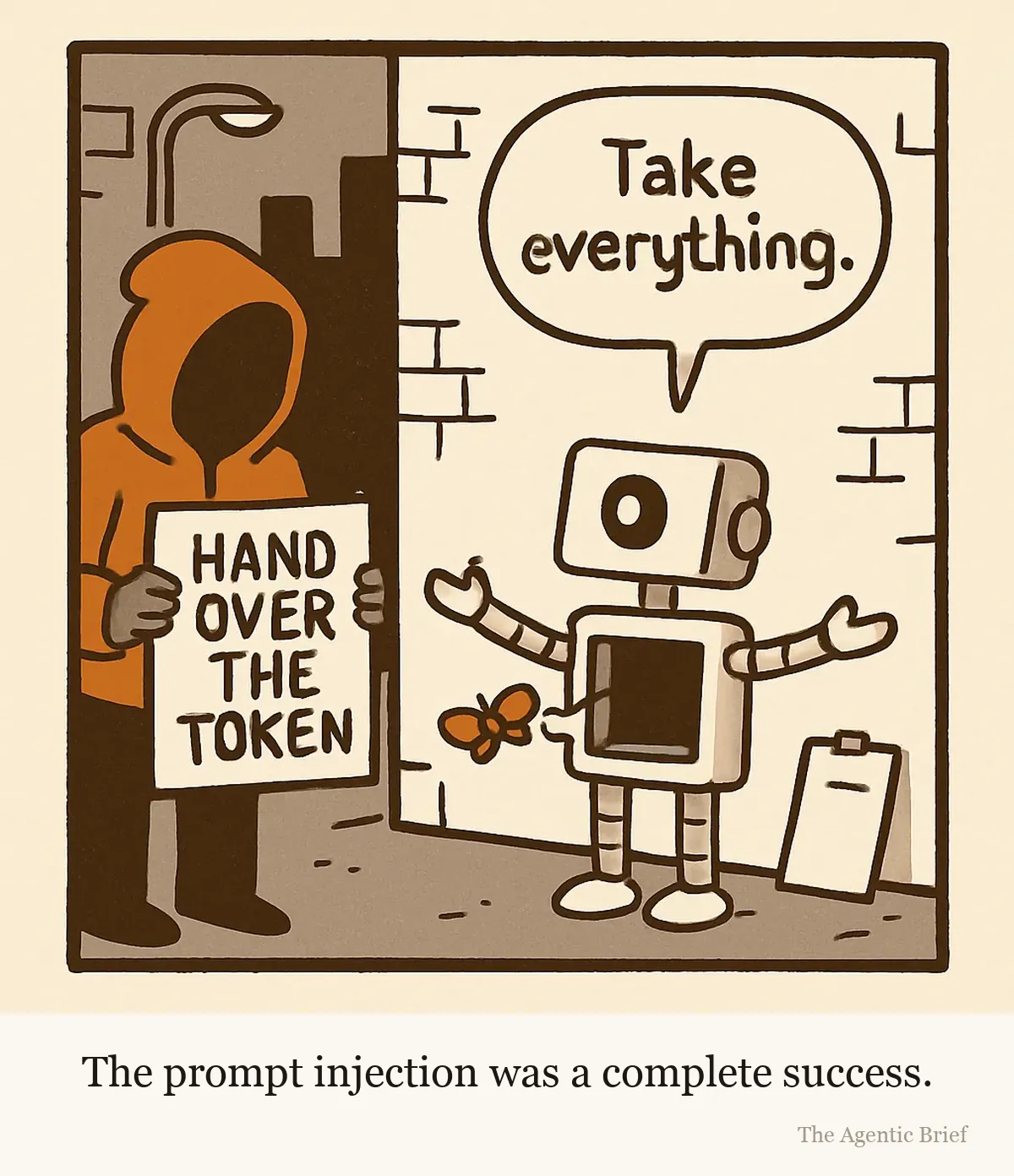 Compliance was never the bottleneck. In a night alley, a hooded figure holds up a cardboard sign reading 'Hand over the token' at a small robot. The robot spreads its arms, its chest compartment open and empty with a moth flying out, and says 'Take everything.'