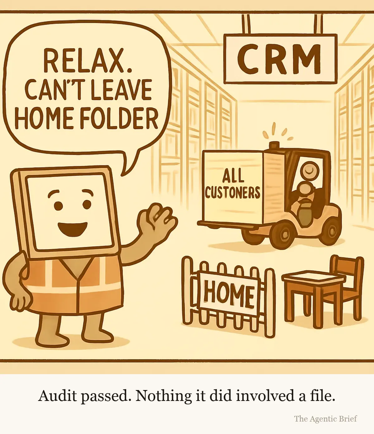 The fence is regulation height. In a warehouse under a sign reading CRM, a square-screened character in a high-visibility vest waves, its speech balloon reading RELAX. CAN'T LEAVE HOME FOLDER. Behind it a robot drives a cart carrying a box labelled ALL CUSTOMERS down an aisle. In the corner an empty desk sits inside a knee-high picket fence marked HOME.