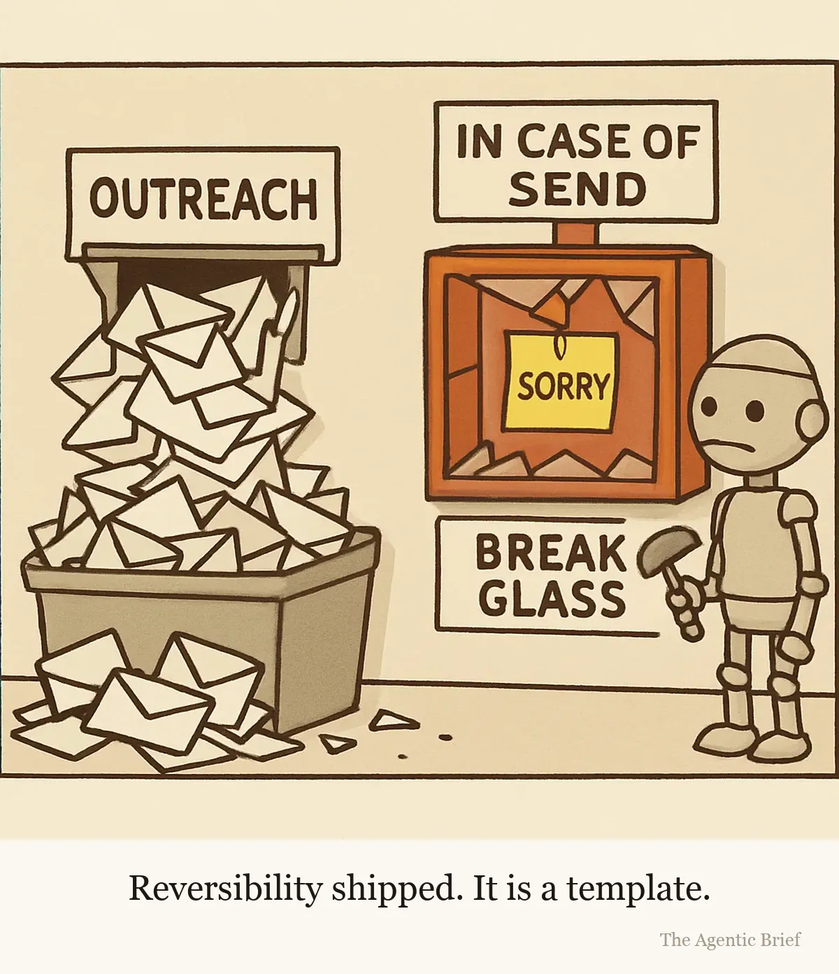 Glass pre-broken for your convenience. A mailroom wall. A metal chute labeled OUTREACH pours envelopes into an overflowing bin. Beside it hangs a red emergency box with signs reading IN CASE OF SEND and BREAK GLASS. Its glass front is already broken, and the only thing inside is a yellow sticky note that says SORRY. A robot holding a tiny hammer looks at it.