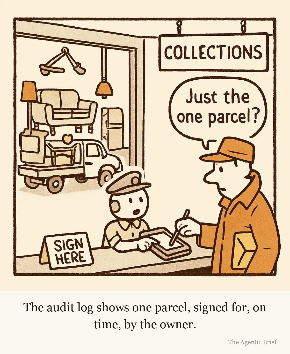 Signed, timestamped, and nobody disputes it. Inside a parcel office. At the right, a customer in a raincoat leans over the counter with a small padded envelope under his arm, signing on a handheld terminal a uniformed clerk holds out. A board above reads COLLECTIONS. Through the wide window behind them, a flatbed truck is loaded with a whole living room.