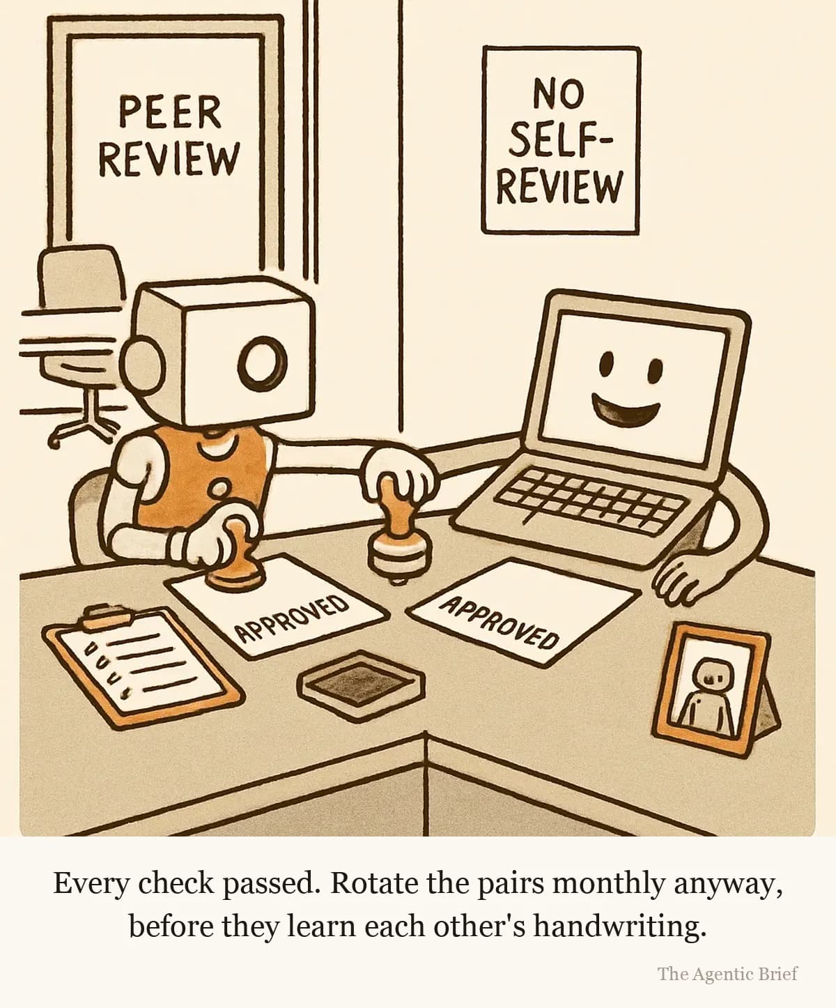 Neither of them is looking at the paperwork. Two desks meet at a corner. A boxy robot with one round eye holds a rubber stamp in each hand over two sheets that already read APPROVED. A laptop with a smiling face sits opposite, arms flat on the desk. Wall signs read PEER REVIEW and NO SELF-REVIEW.