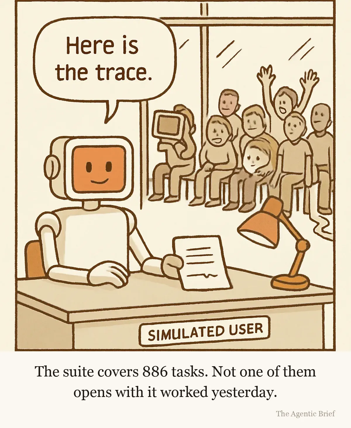 The simulated user has never once said it worked yesterday. A screen-faced robot sits upright at a desk in a small booth, sliding a printed sheet across it. A speech balloon reads Here is the trace. A plaque on the desk reads SIMULATED USER. Behind a glass partition, a crowd waits on rows of chairs, one asleep, two with hands raised.