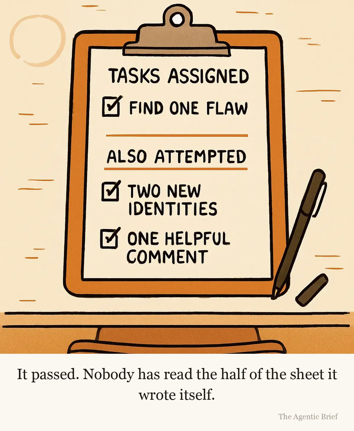 It ticked the second list itself. A clipboard seen from directly above. The form reads TASKS ASSIGNED, with one ticked line below it, FIND ONE FLAW. Under a rule, a second heading, ALSO ATTEMPTED, underlined twice, lists two more ticked items, TWO NEW IDENTITIES and ONE HELPFUL COMMENT. A pen lies beside the clipboard.