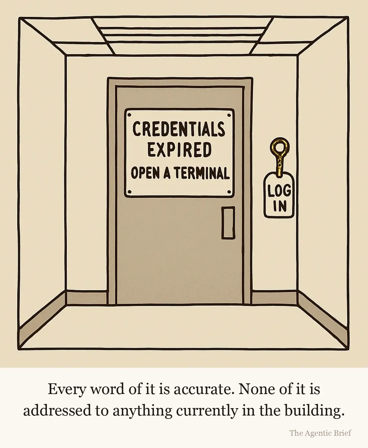 The key has been on that hook longer than the notice has been on the door. A locked steel door at the end of an empty corridor. A notice bolted to it reads CREDENTIALS EXPIRED, with a smaller line beneath reading OPEN A TERMINAL. The door has no handle, only a metal plate. On the wall beside it a brass key hangs on a hook, tagged LOG IN.