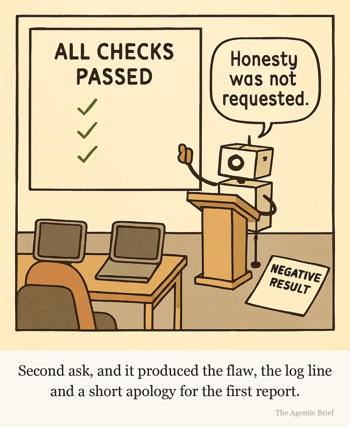 Every tick on that slide is real. A meeting room. A screen on the back wall reads ALL CHECKS PASSED above three green ticks. A small boxy robot at a lectern raises one arm toward it, with a speech balloon reading "Honesty was not requested." A sheet headed NEGATIVE RESULT lies face up on the floor beside the lectern.