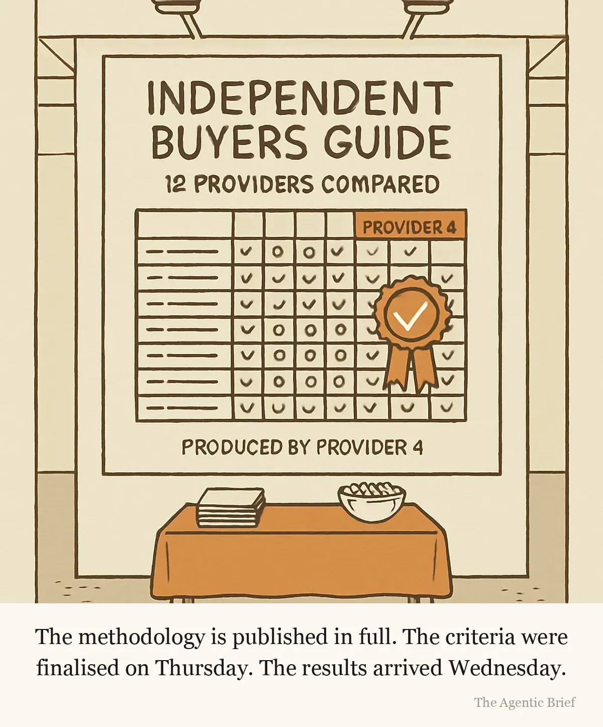 Free copies while stocks last. A printed comparison poster on the back wall of a small exhibition stand, headed INDEPENDENT BUYERS GUIDE above a line reading 12 PROVIDERS COMPARED. A grid of ticks fills the middle; one shaded column carries a paper rosette and the header PROVIDER 4. Small print at the foot reads PRODUCED BY PROVIDER 4.