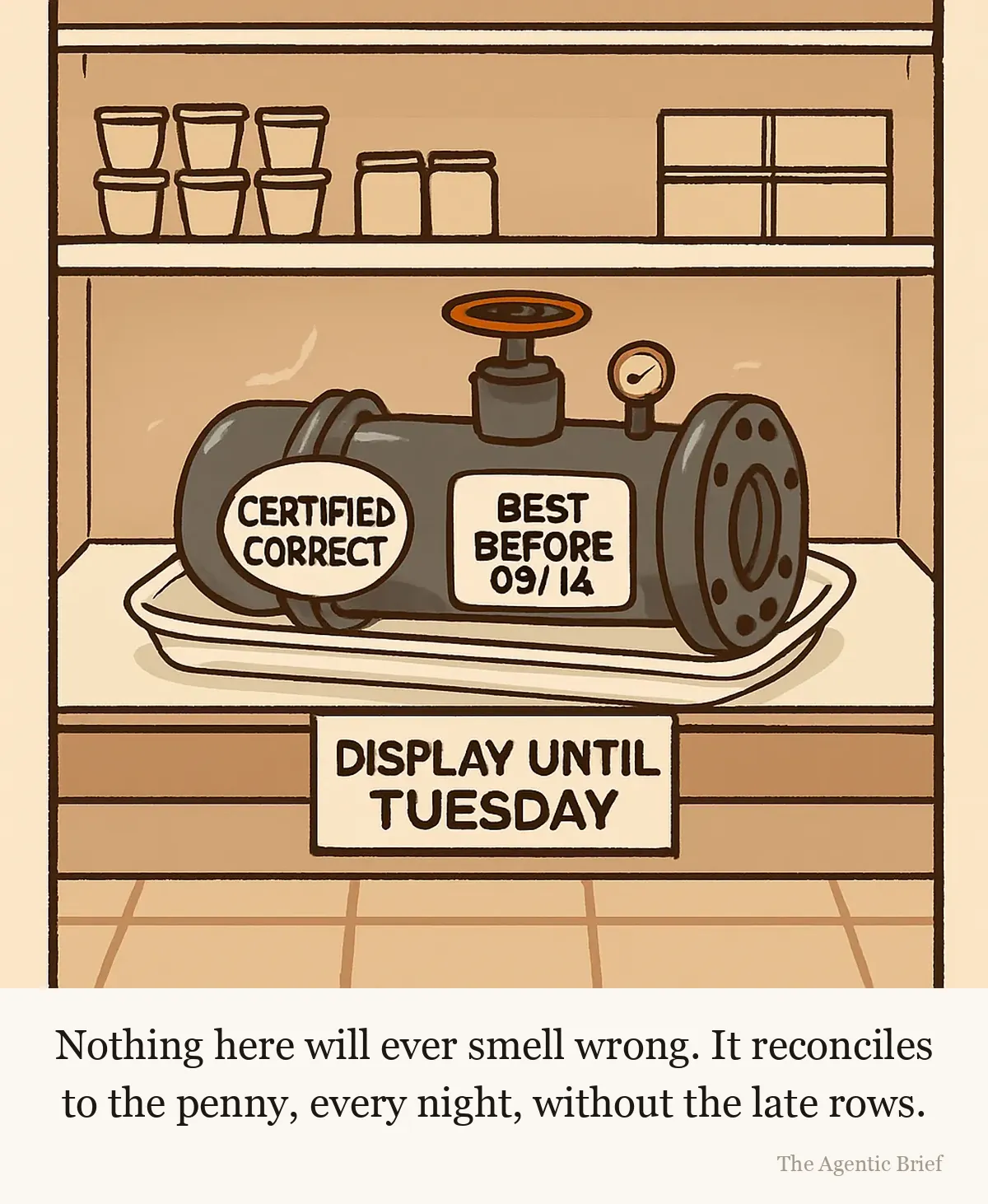 Still within date. An open supermarket chiller cabinet seen straight on, yoghurt pots and butter on the shelf above. On the middle shelf, where a joint of meat would go, a heavy section of steel pipeline with bolted flanges, a gate valve and a pressure gauge lies shrink-wrapped on a polystyrene tray. Stickers read CERTIFIED CORRECT and BEST BEFORE 09/14.