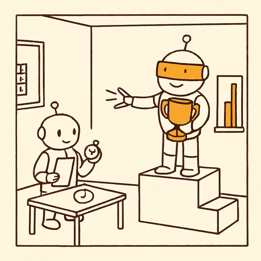 The benchmark was deterministic. So is Deck's arm. Deck stands blindfolded on the first-place step of a podium holding a trophy, one arm out tapping three spots in the air. Bolt, clipboard in hand, has slid the desk with the big button a metre to the left, so Deck is pressing nothing.