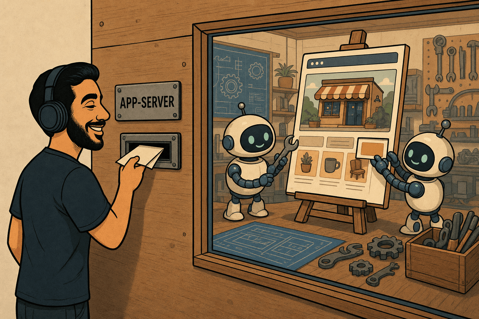 A cartoon of Yad, a bearded man with headphones, posting a paper note into a workshop service hatch labeled APP-SERVER while, behind a glass window, two small robots assemble a glowing storefront web page standing on an easel.